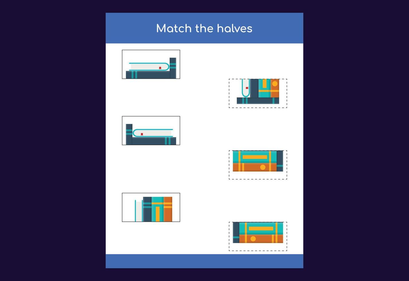 Matching game. Match halves of objects. Educational game for children, printable worksheet vector
