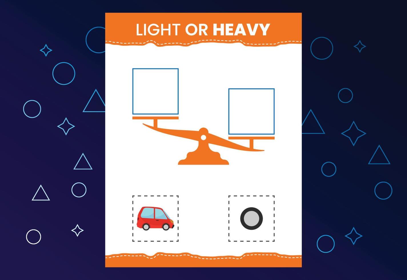 Light or heavy educational worksheet with scales. Heavier and lighter weight object learning vector