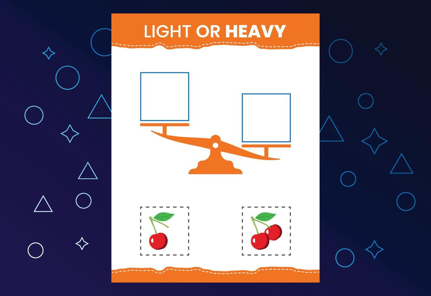 Light or heavy educational worksheet with scales. Heavier and lighter weight object learning vector