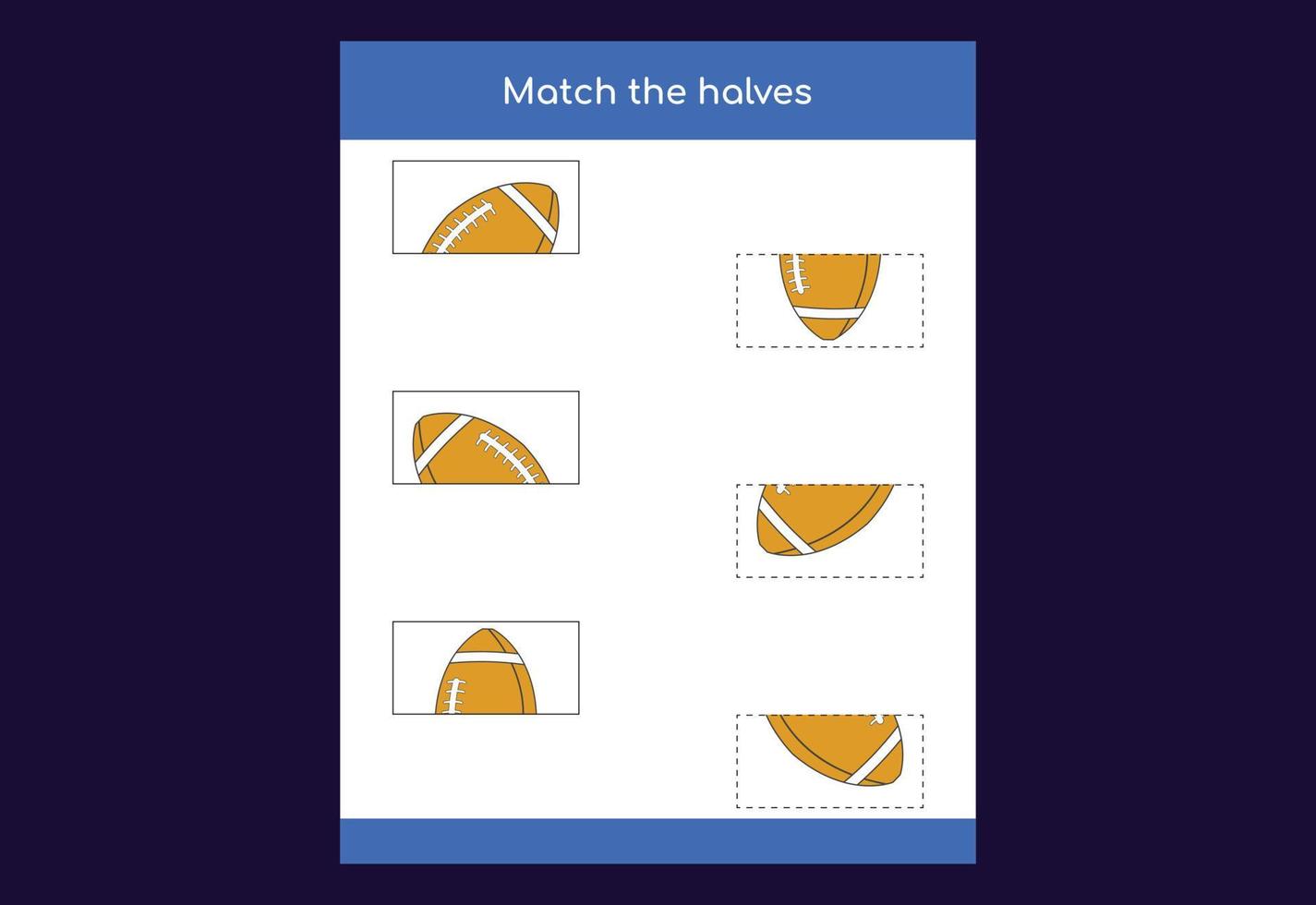 Matching game. Match halves of objects. Educational game for children, printable worksheet vector