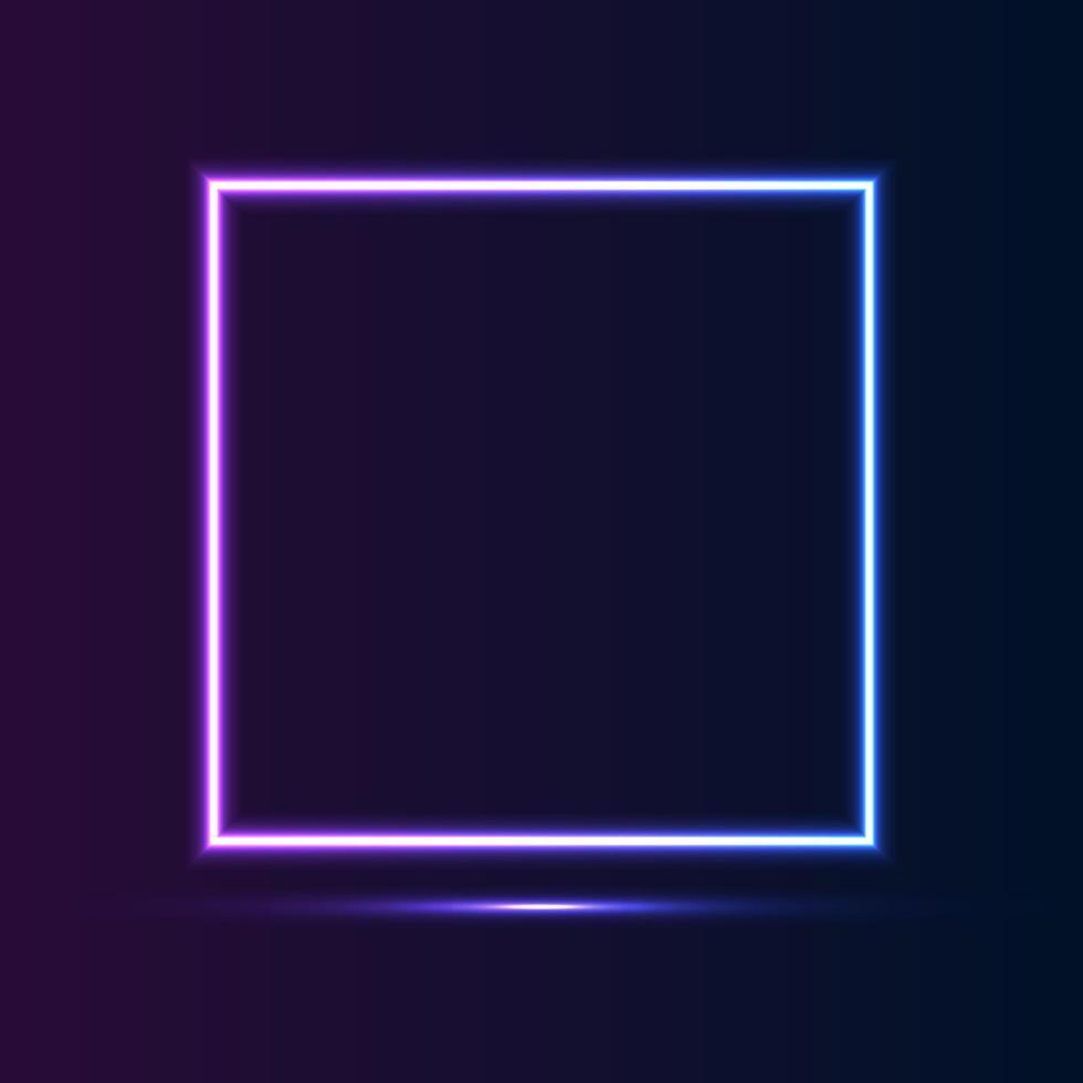 Realistic gradient neon square frame. Pink and blue colored blank template isolated on background. Geometric glow outline shape or laser glowing lines. Vector shining object.