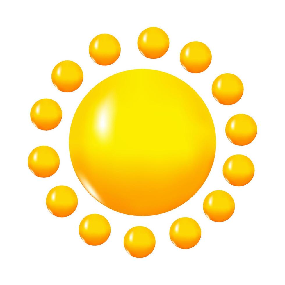 sol amarillo con rayos, estrella solar. icono de vector 3d realista. estilo minimalista de dibujos animados. verano, clima, naturaleza, concepto espacial. ilustración vectorial