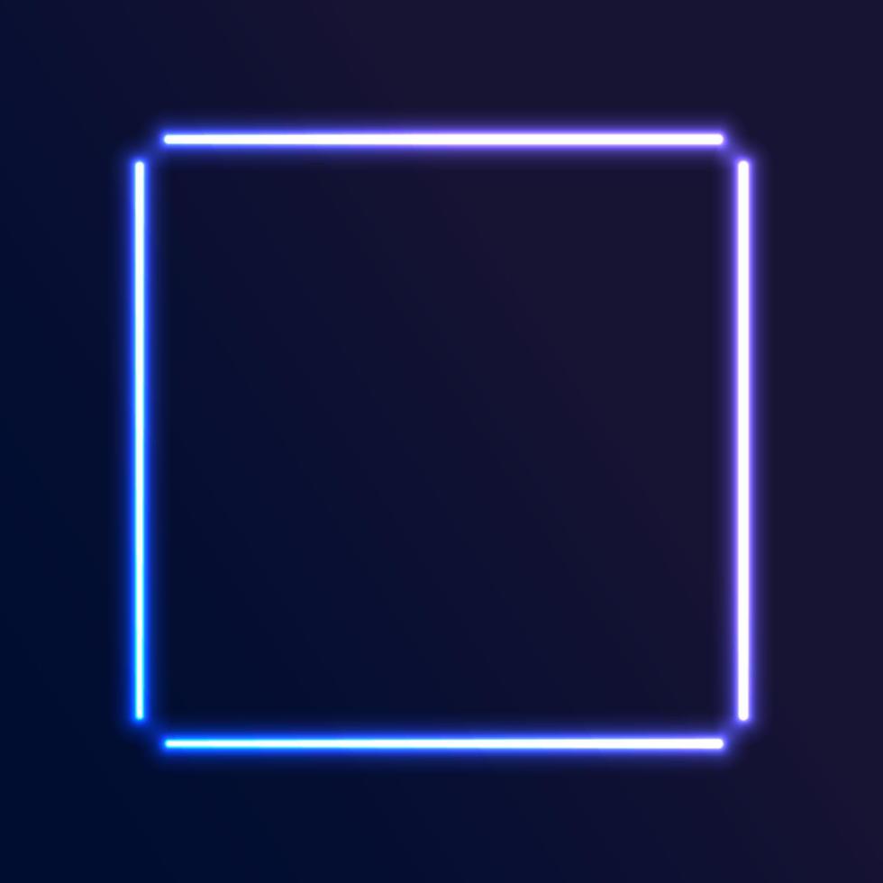 marco cuadrado de neón degradado realista. plantilla en blanco de color rosa y azul aislada en el fondo. forma de contorno de brillo geométrico o líneas brillantes de láser. objeto brillante vectorial. vector