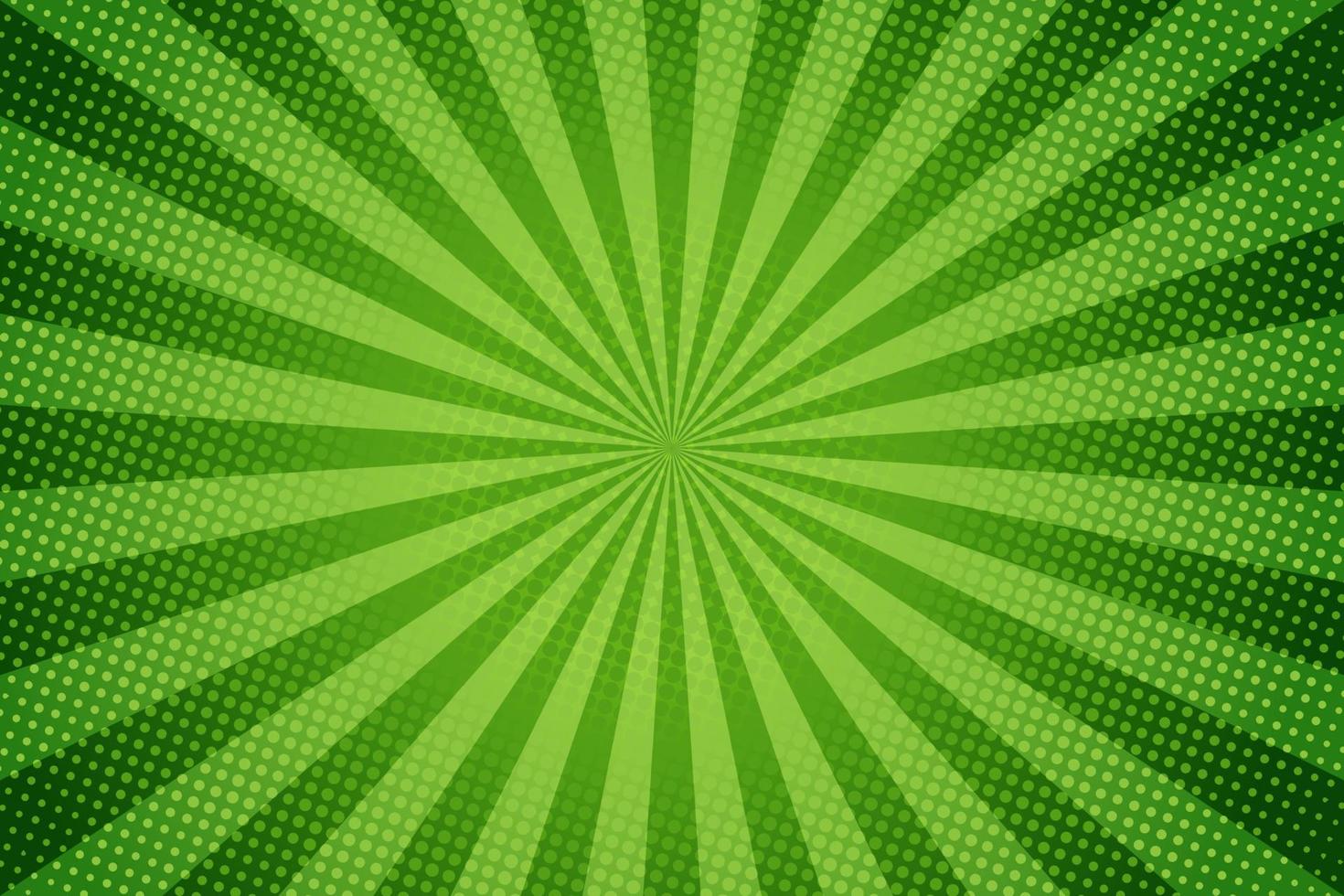 Sun rays retro vintage style on green background, Comic pattern with starburst and halftone. Cartoon retro sunburst effect with dots. Rays. Summer banner vector illustration.