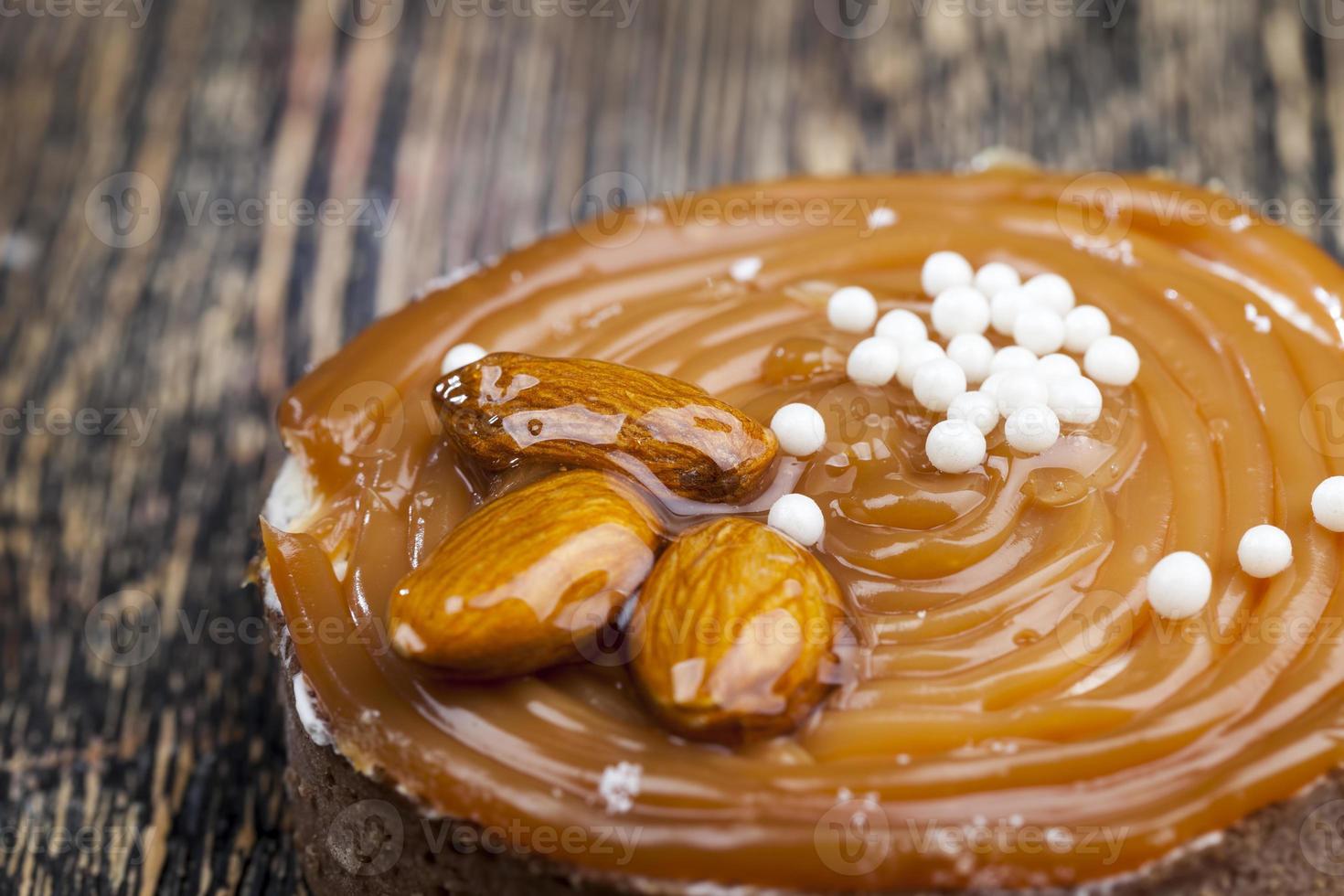 tartlet with salted caramel and nuts with cottage cheese photo