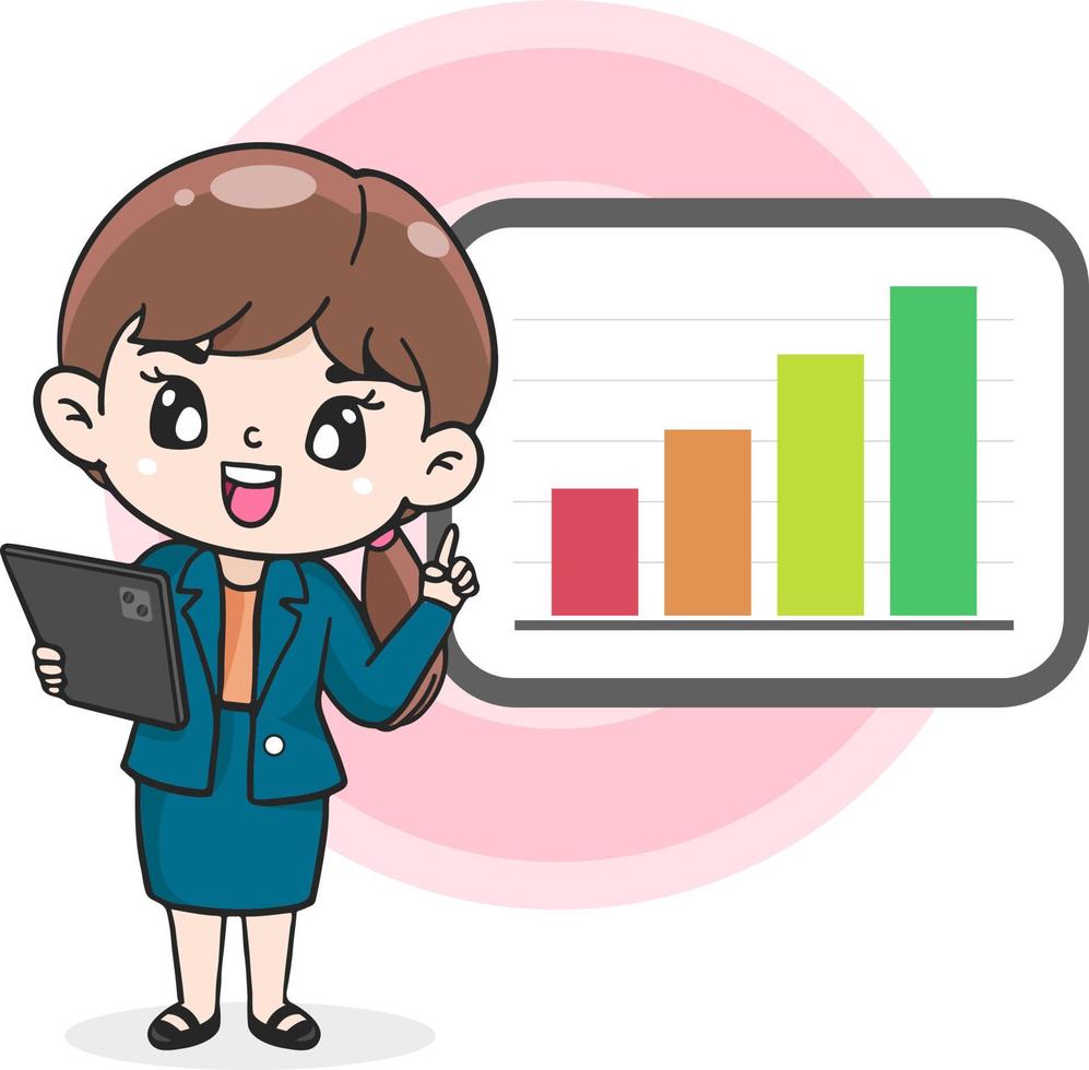personaje de dibujos animados empresarias sosteniendo tableta y presentación de negocios, ilustración plana vector