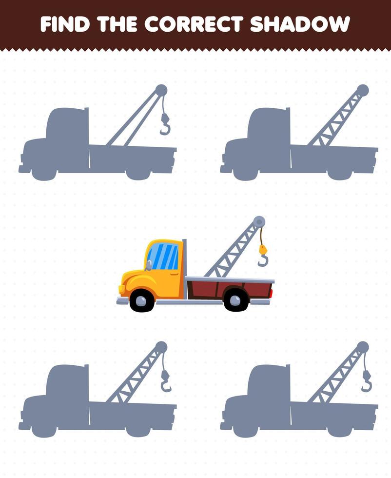 Education game for children find the correct shadow set of transportation tow truck vector