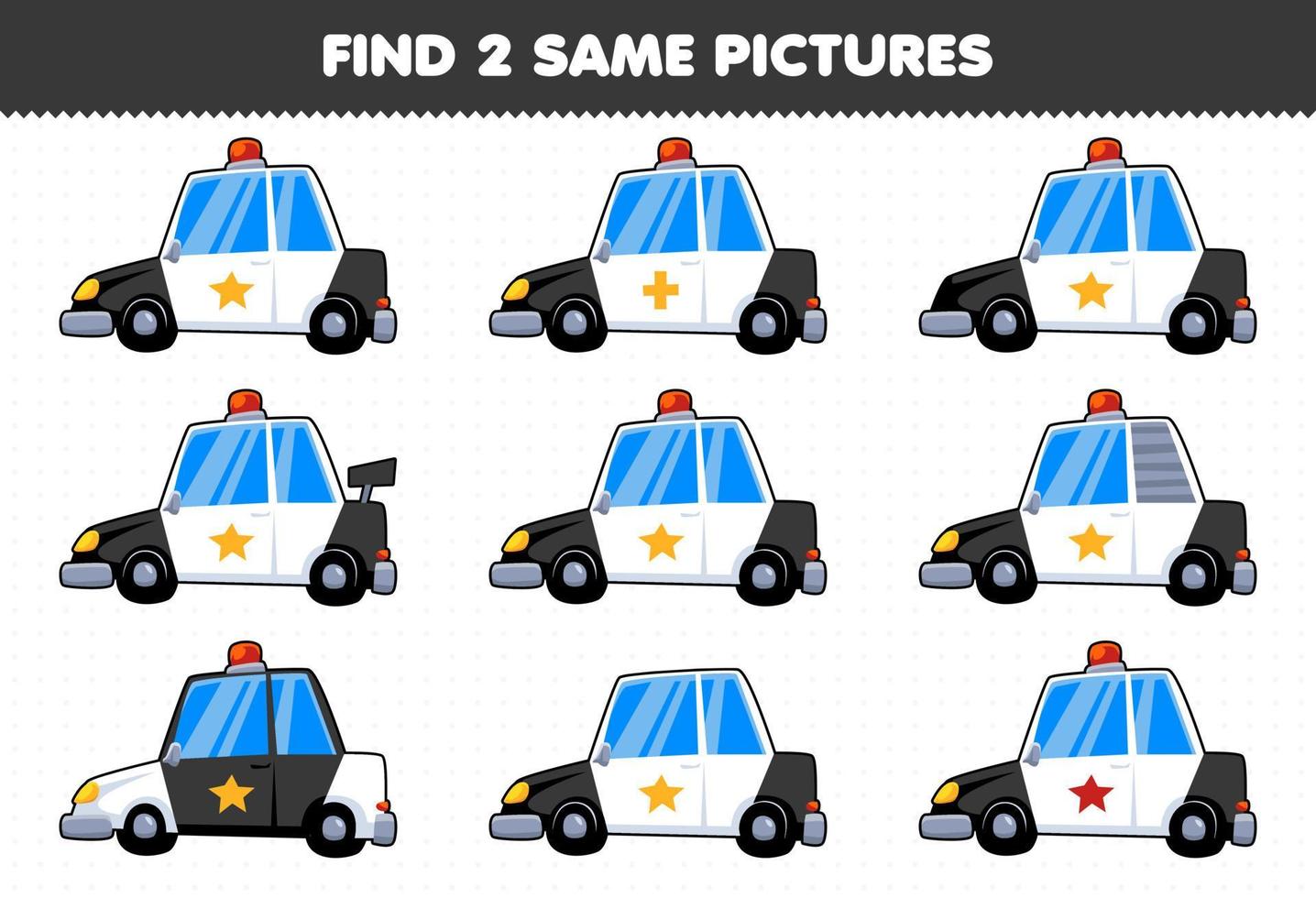 juego educativo para niños encontrar dos imágenes iguales transporte coche de policía vector