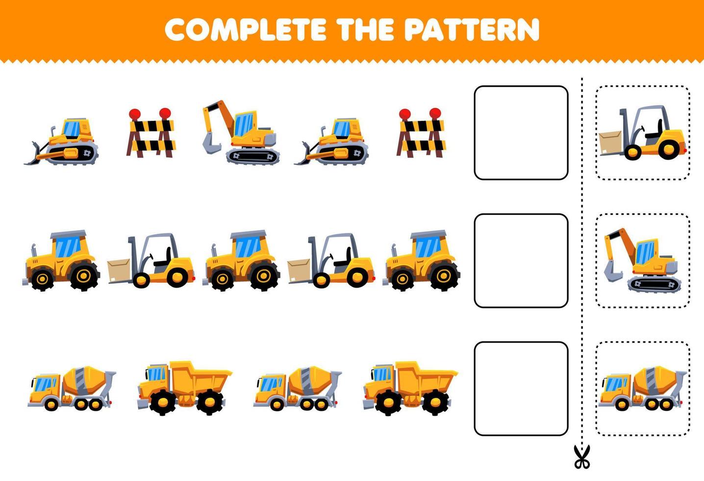 juego educativo para niños complete el patrón de pensamiento lógico encuentre la regularidad y continúe la tarea de la fila con el transporte de máquinas pesadas vector