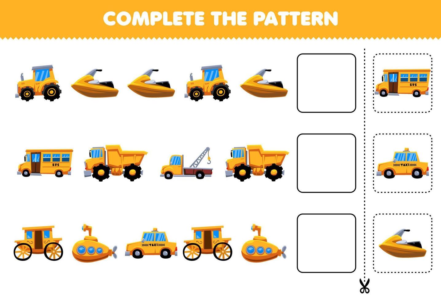 juego educativo para niños, complete el patrón de pensamiento lógico, encuentre la regularidad y continúe la tarea de la fila con el transporte amarillo vector