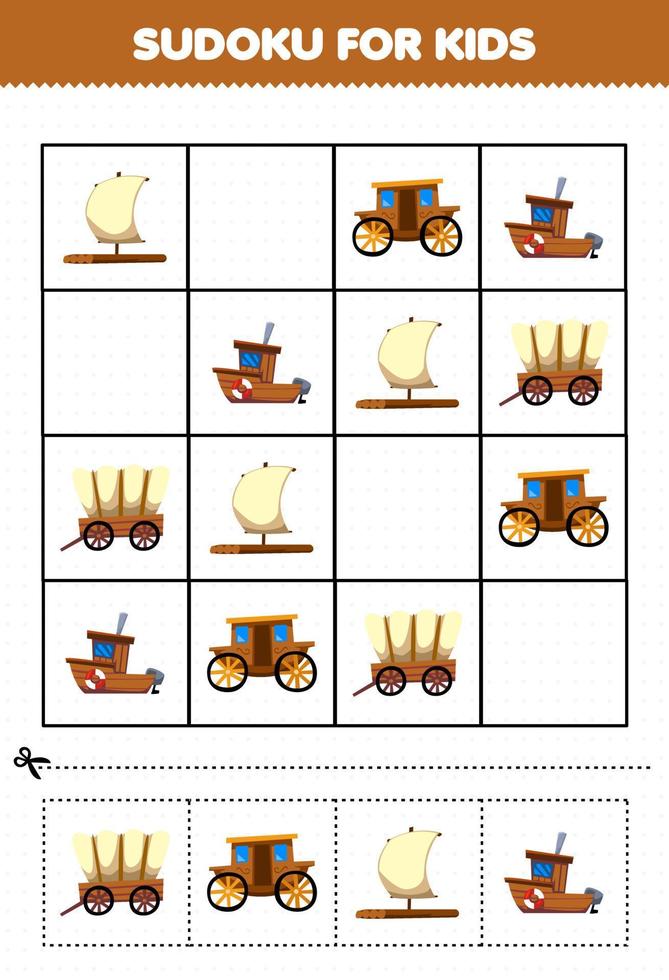 Education game for children sudoku for kids with cartoon wooden transportation picture vector