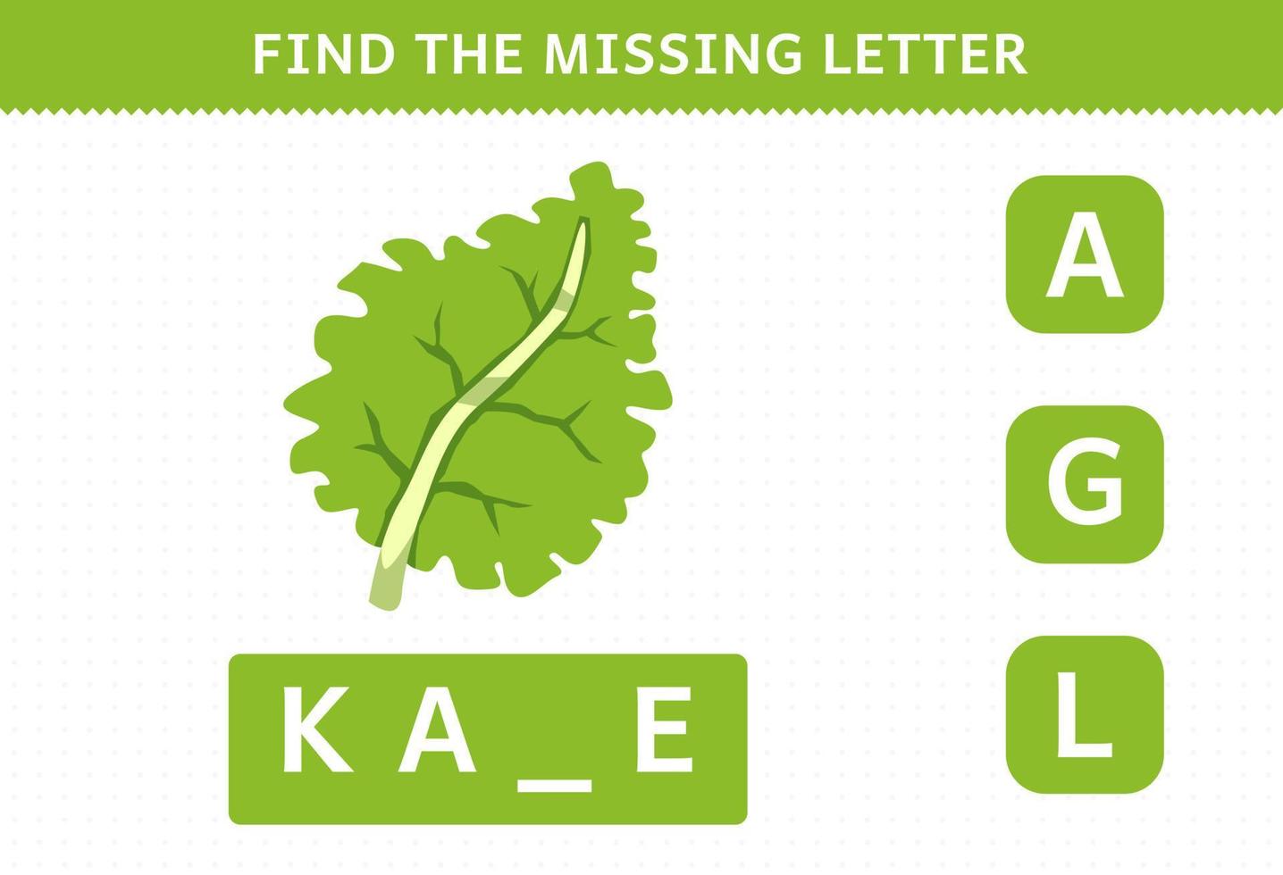Education game for children find missing letter cute cartoon vegetable kale worksheet vector
