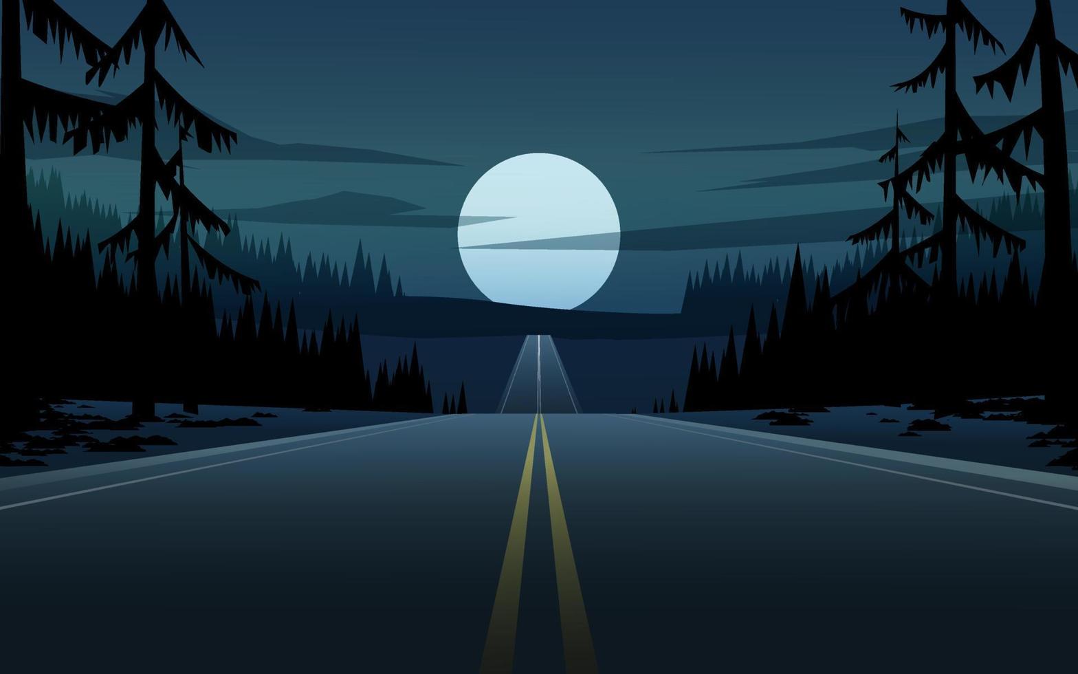 noche de luna llena en el bosque con carretera vector