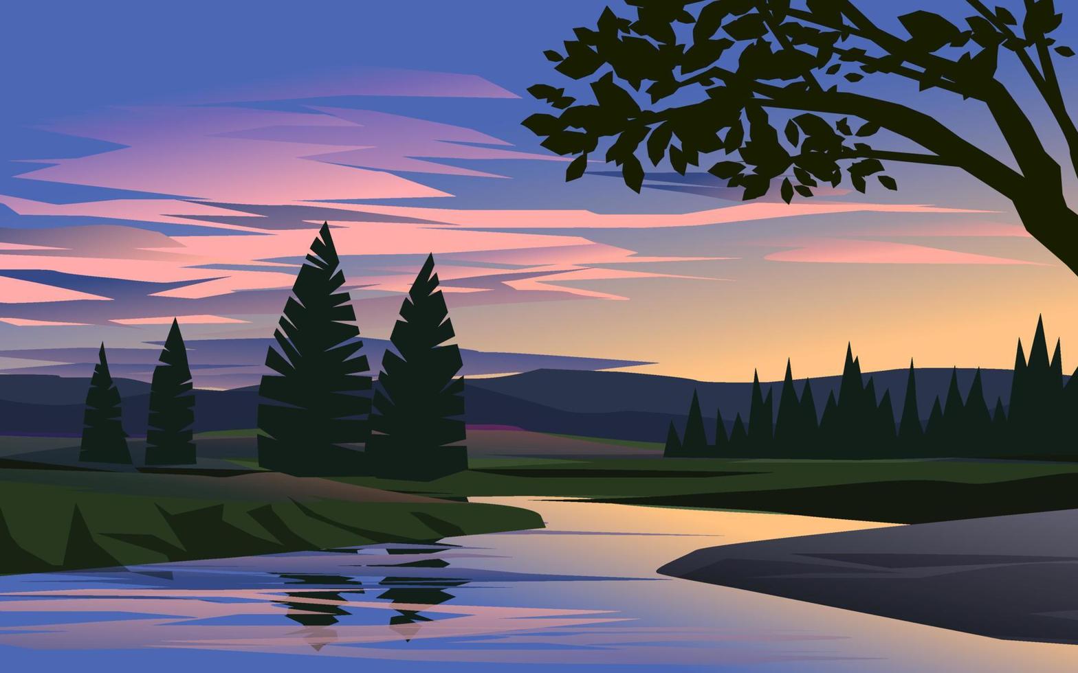 paisaje vectorial de diseño plano con árboles y río al atardecer vector