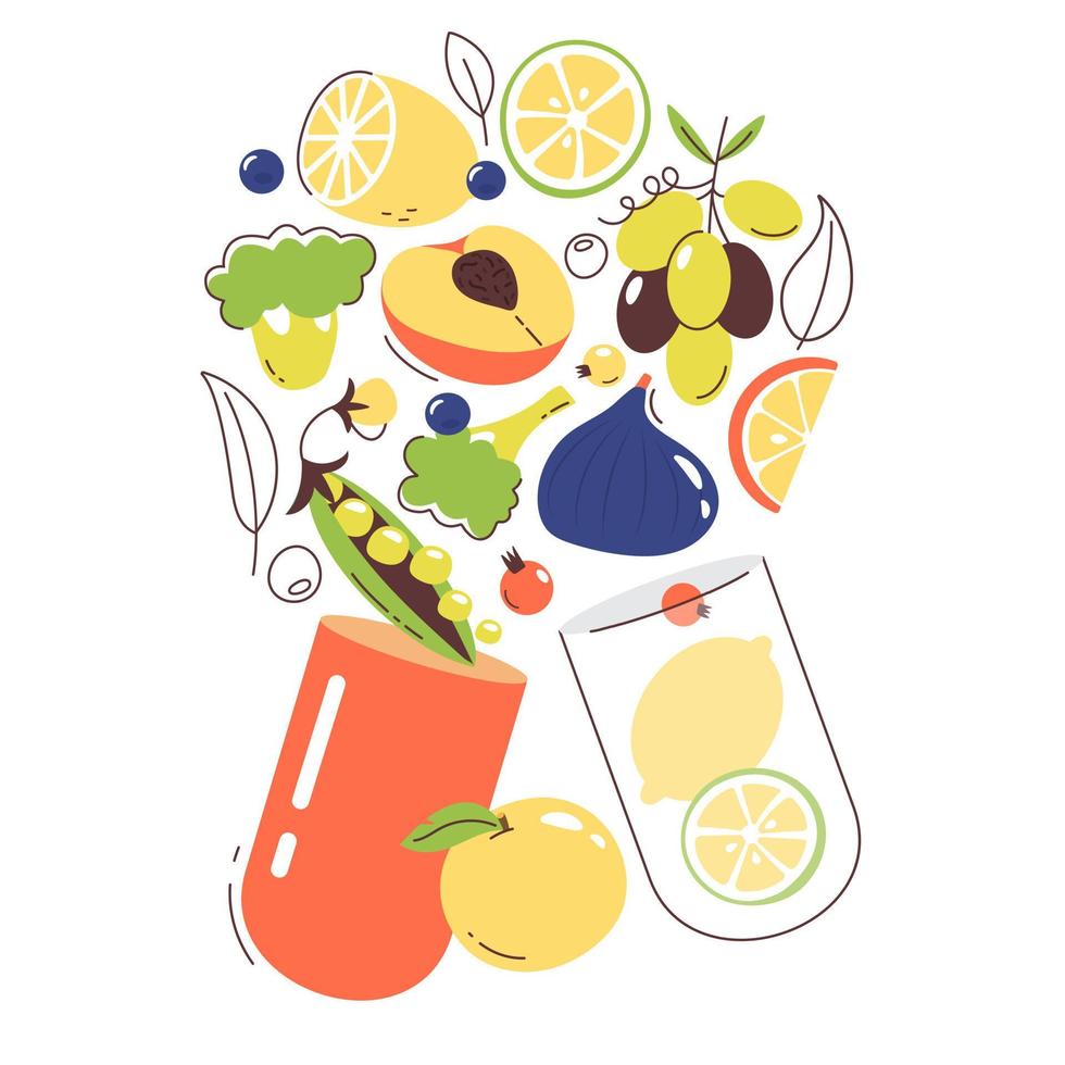 Open capsule tablet with fruits and vegetables. Vector set consists of vitamins and minerals on a white background. Mineral supplements.