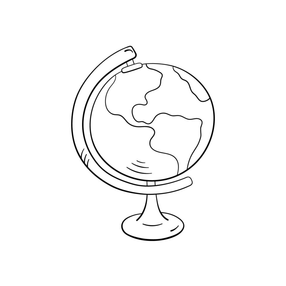 globo terráqueo en estilo garabato, ilustración vectorial. globo de icono para impresión y diseño. elemento aislado sobre fondo blanco. arte conceptual de regreso a la escuela, boceto dibujado a mano vector