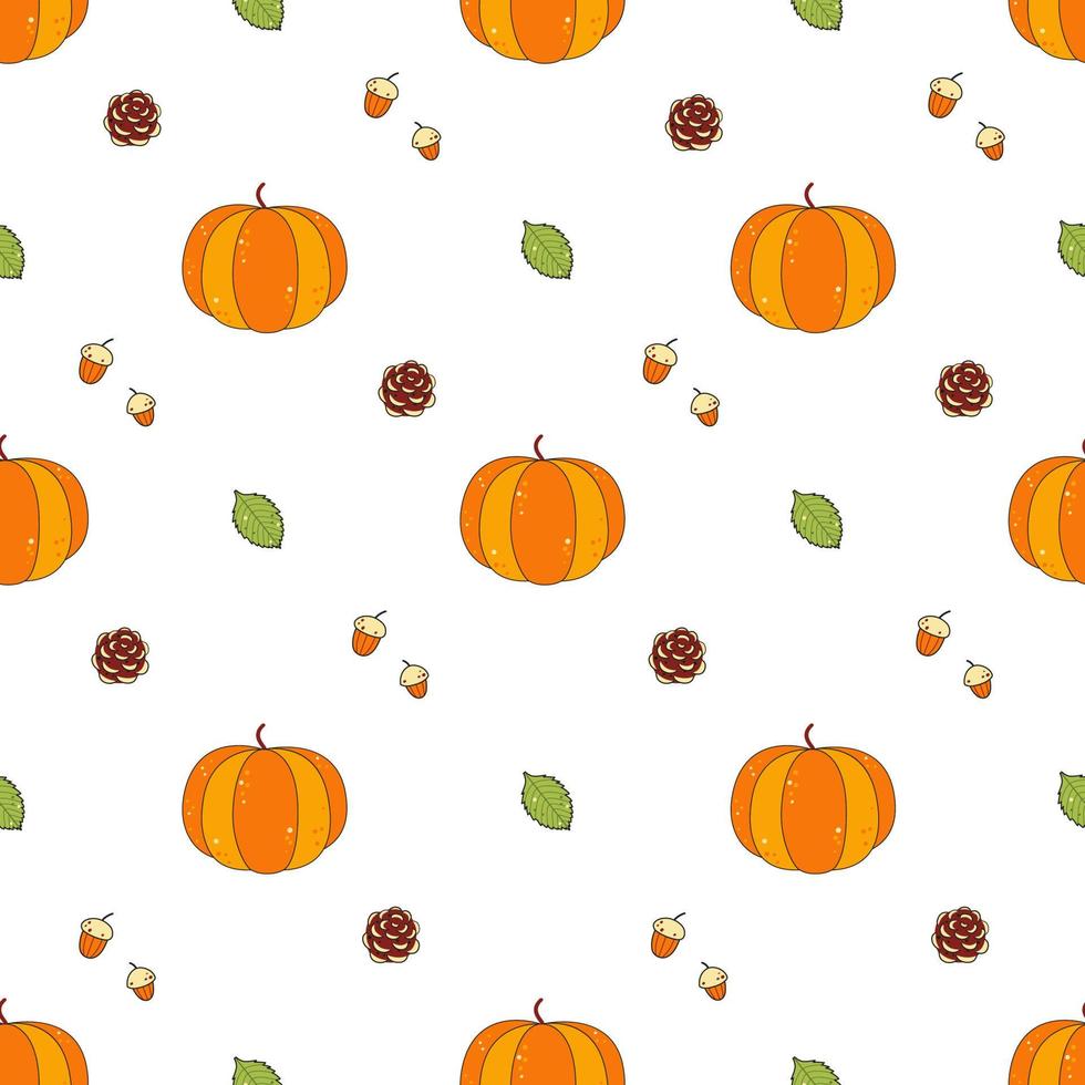 Cute vector pattern with pumpkins, pine cones and leaves