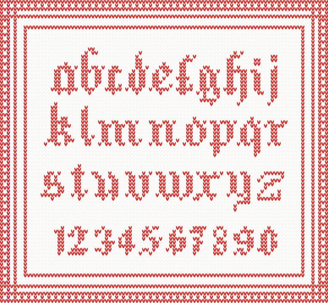 Christmas Font knitted gothic alphabet in red color. vector
