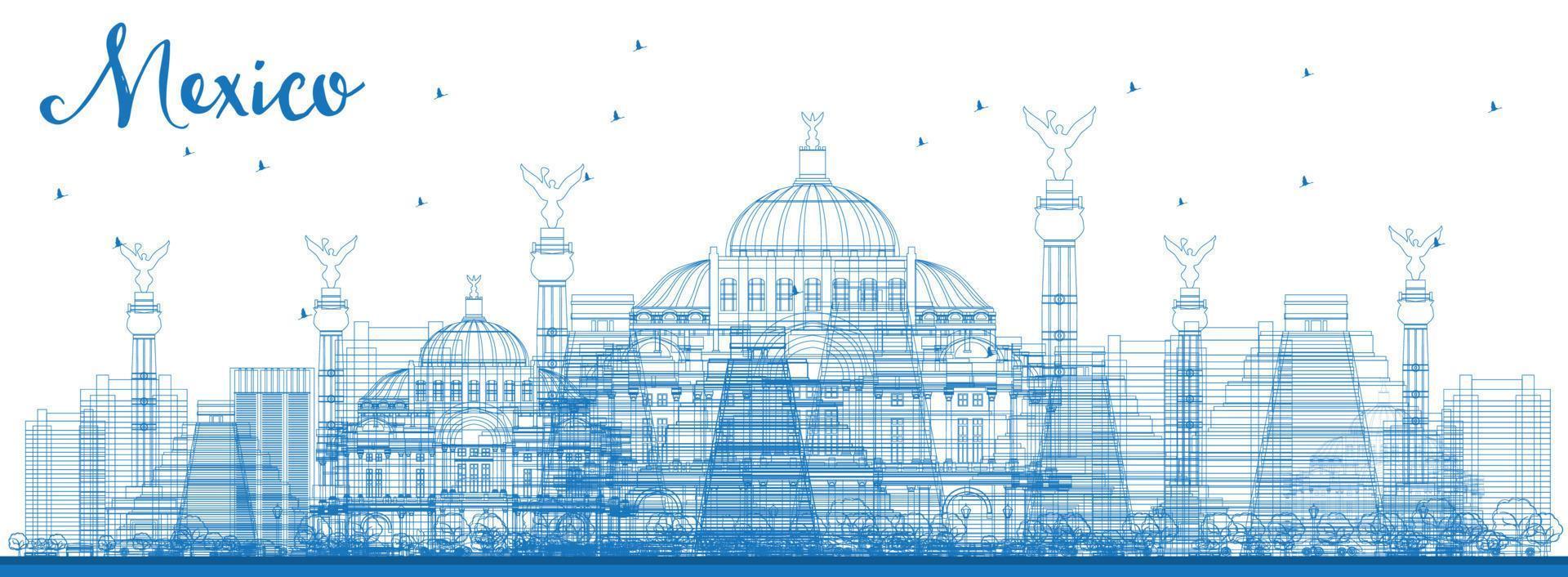Outline Mexico skyline with blue landmarks. vector