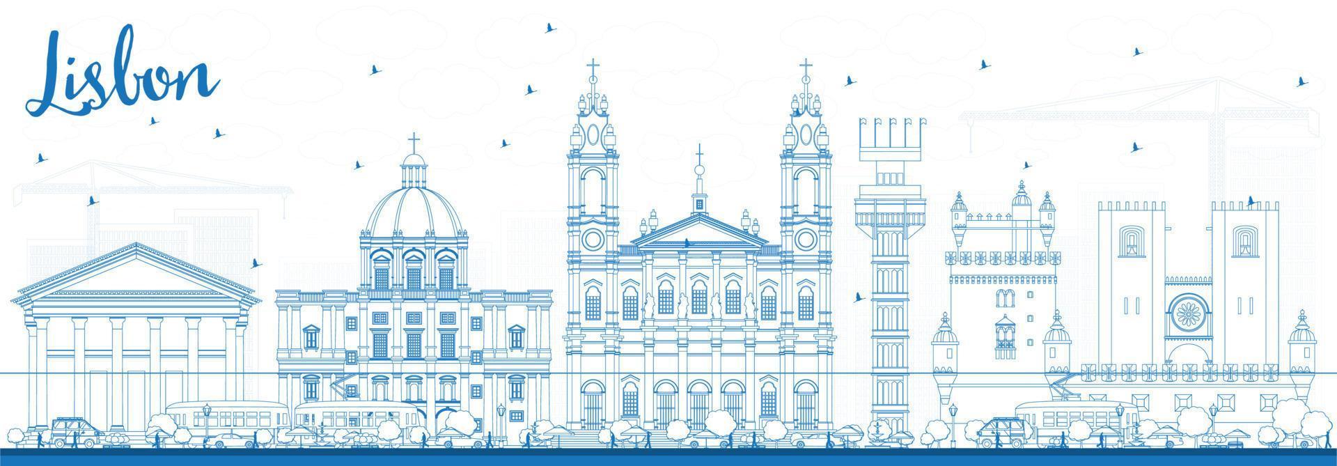 Outline Lisbon Skyline with Blue Buildings. vector