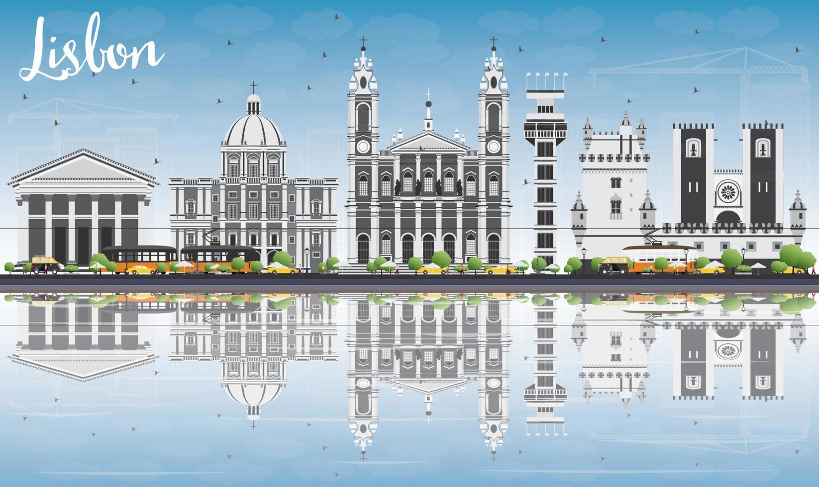 Lisbon Skyline with Gray Buildings, Blue Sky and Reflections. vector