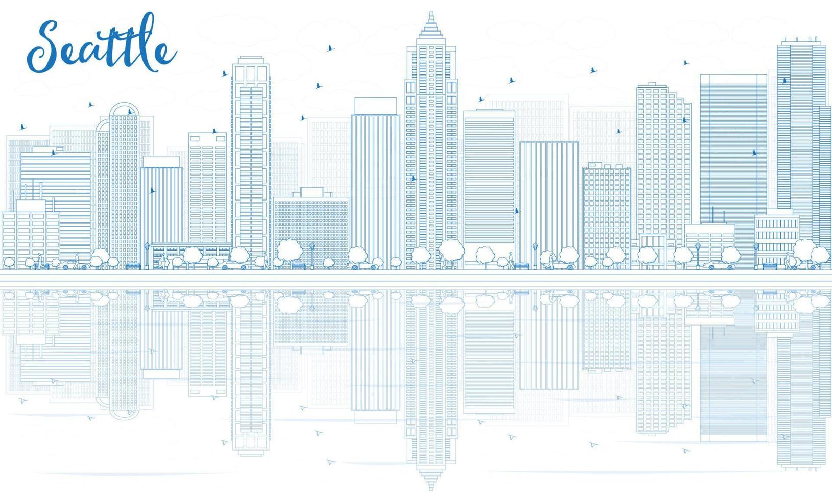 Outline Seattle skyline with blue buildings and reflections. vector