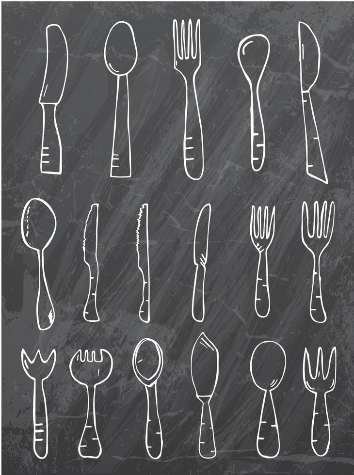 Spoon knife fork on black chalk board. vector
