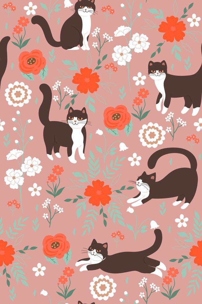 Seamless pattern with cute cats and flowers. Vector graphics.