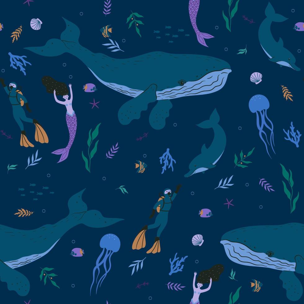 Seamless pattern with sea animals, divers and mermaids. Vector graphics.