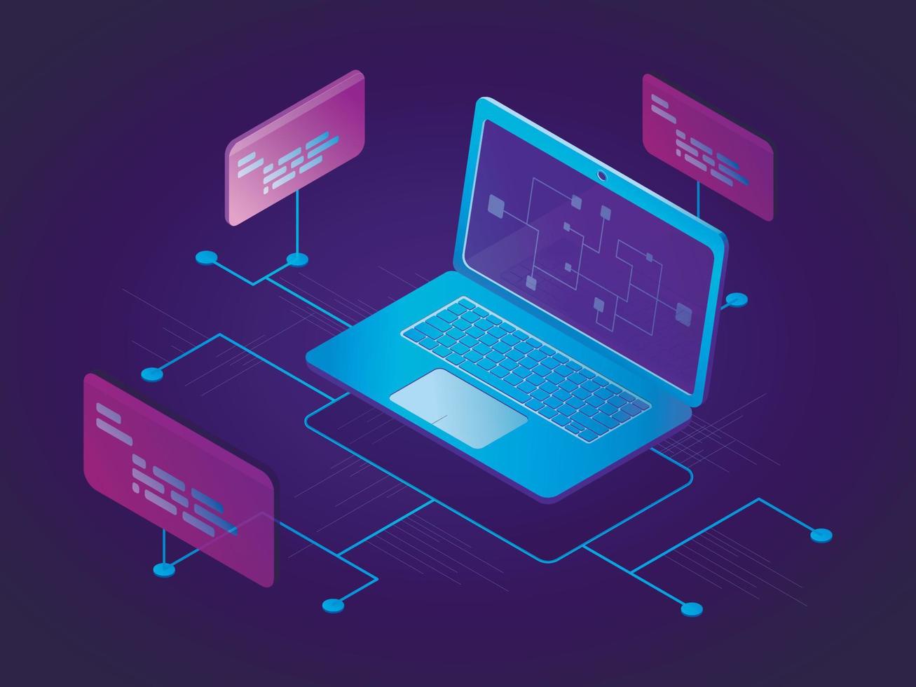 Vector modern techno isometric illustration. A laptop with a network of ...