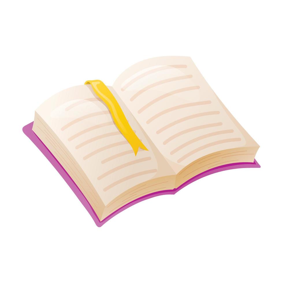 Vector cartoon image of an open book or textbook with a bookmark. Back to school sticker, kids learning and educational hobby, reading.