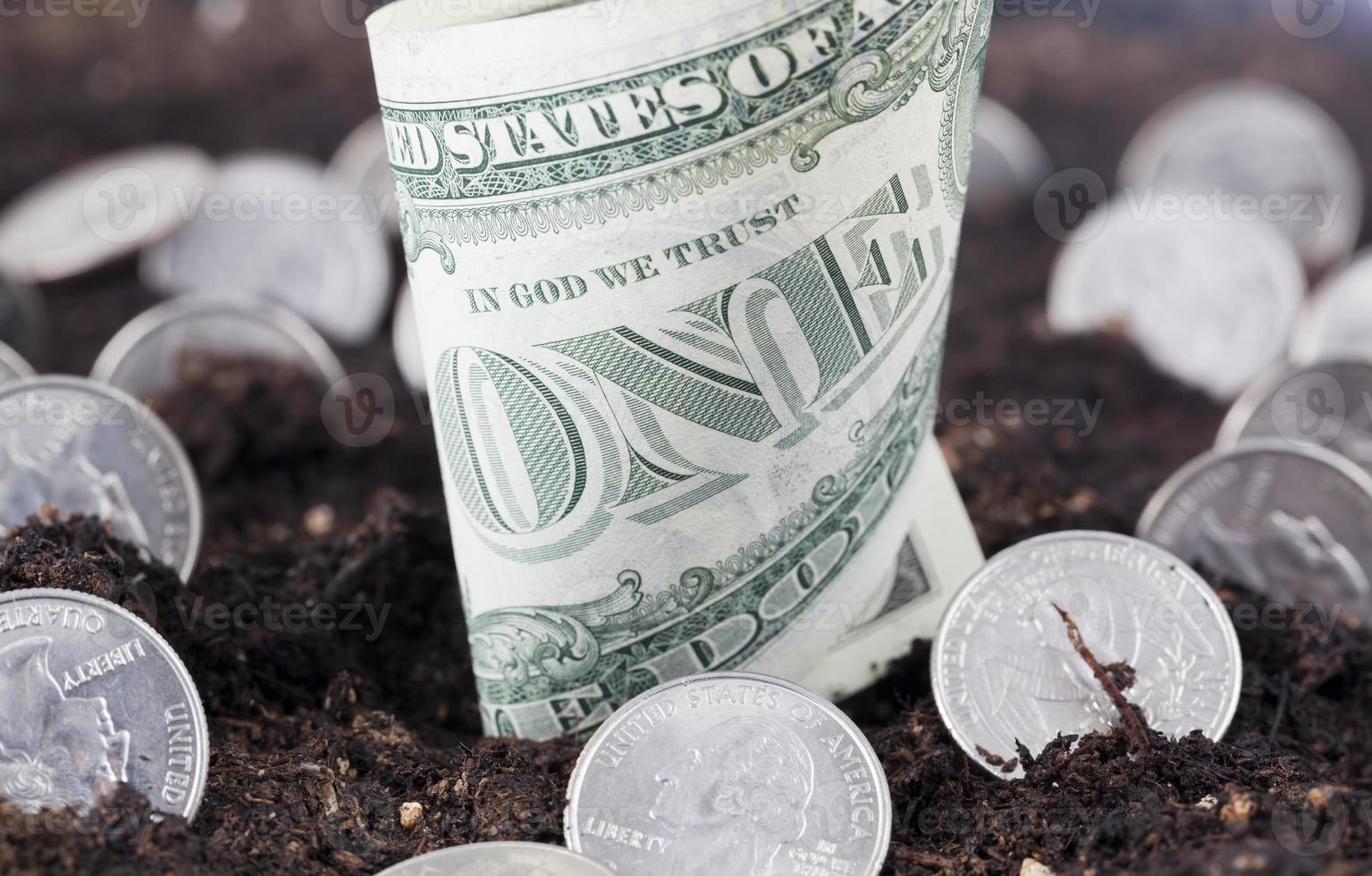 American dollars in the soil of an agricultural field photo