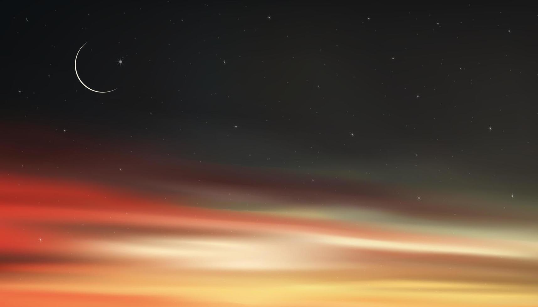cielo nocturno con luna creciente y estrellas brillando, paisaje dramático gris drak, rojo y cielo anaranjado, hermoso cielo oscuro y crepúsculo, ilustración vectorial natural para ramadan kareem, fondo eid mubarak vector