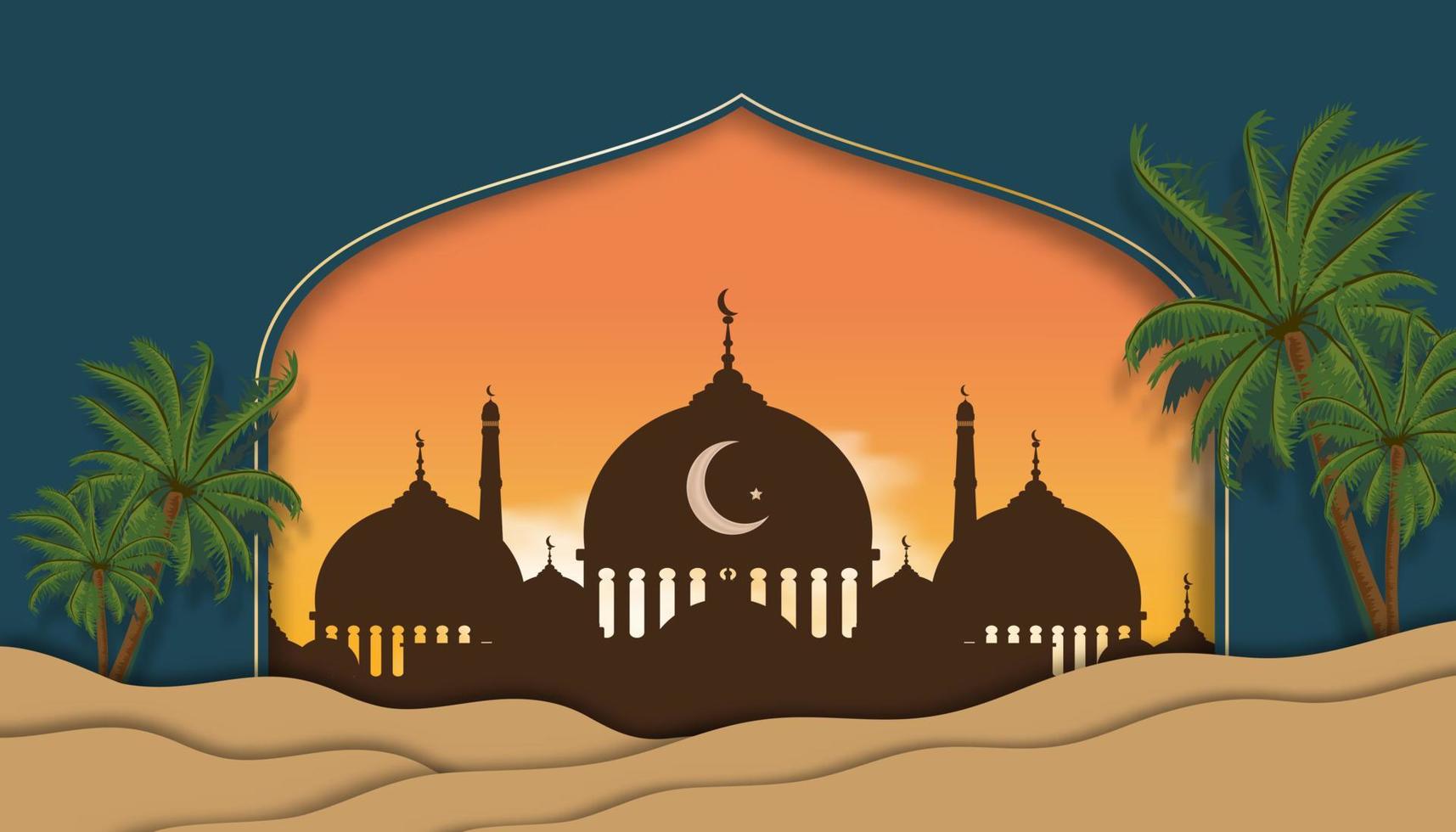 fondo islámico con silueta de mezquita en el cielo del atardecer con luna creciente, ventana de mezquita cortada en papel vectorial, paisaje de dunas de arena del desierto, pancarta para eid mubarak, ramadan kareem, eid al fitr, eid al adha vector