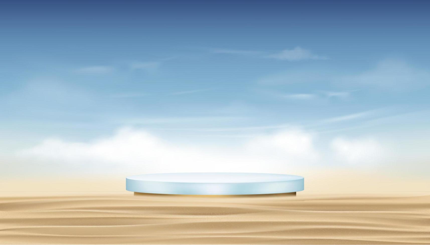 Backdrop Podium Cylinder Stand on sand beach, fluffy cloud and blus sky background, Vector 3D Banner Sea beach,Stage pedestal for Product presentation Cosmetic or Spa on Summer promotion