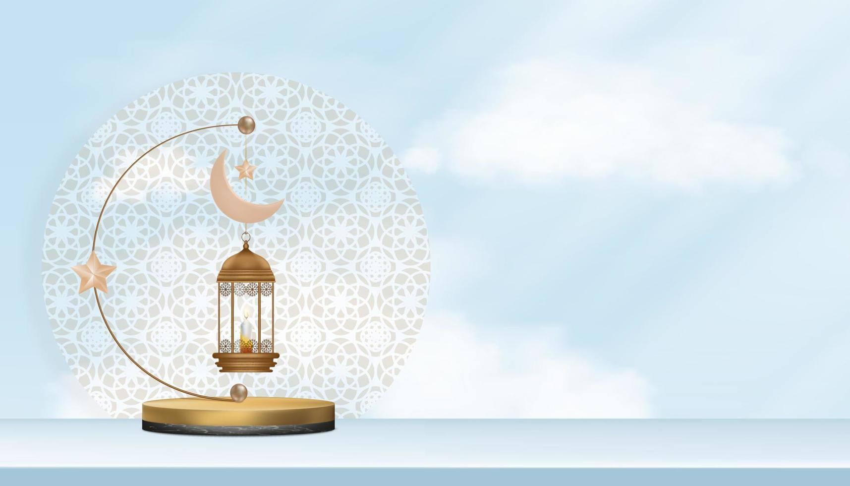 Eid al fitr, Mubarak greeting design with Crescent Moon and Star hanging on 3D podium on blue sky and cloud background.Vector Backdrop of Religion of Muslim Symbolic for Eid al Adha, Ramadan Kareem vector