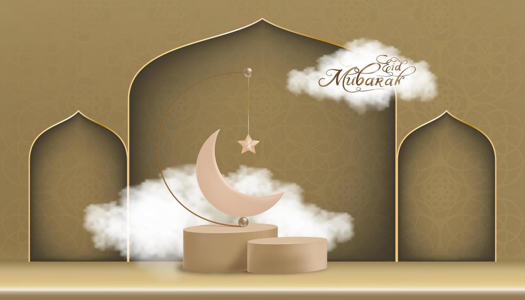 Islamic 3D Podium with fluffy cloud, pink gold Crescent moon and Star hanging on yellow background, Horizontal Islamic Banner for Product Showcase,Product presentation,Ramadan,Eid al Adha, Eid Mubarak vector