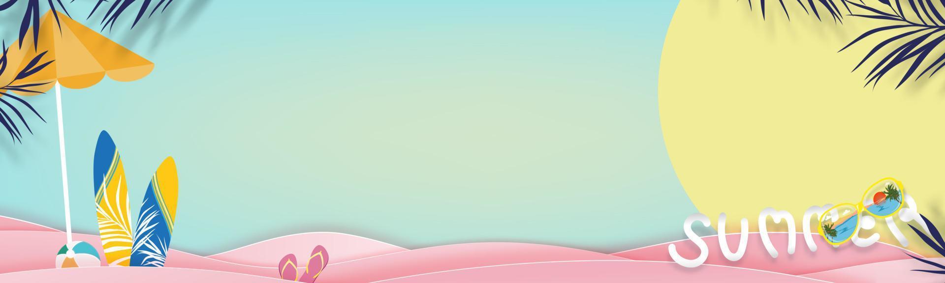 hola fondo de verano con tema de vacaciones de vacaciones en la playa con tabla de surf, gafas de sol, pelota de playa en la capa de onda rosa, corte de papel vectorial de diseño de verano tropical con hojas de palma en el fondo del cielo azul vector