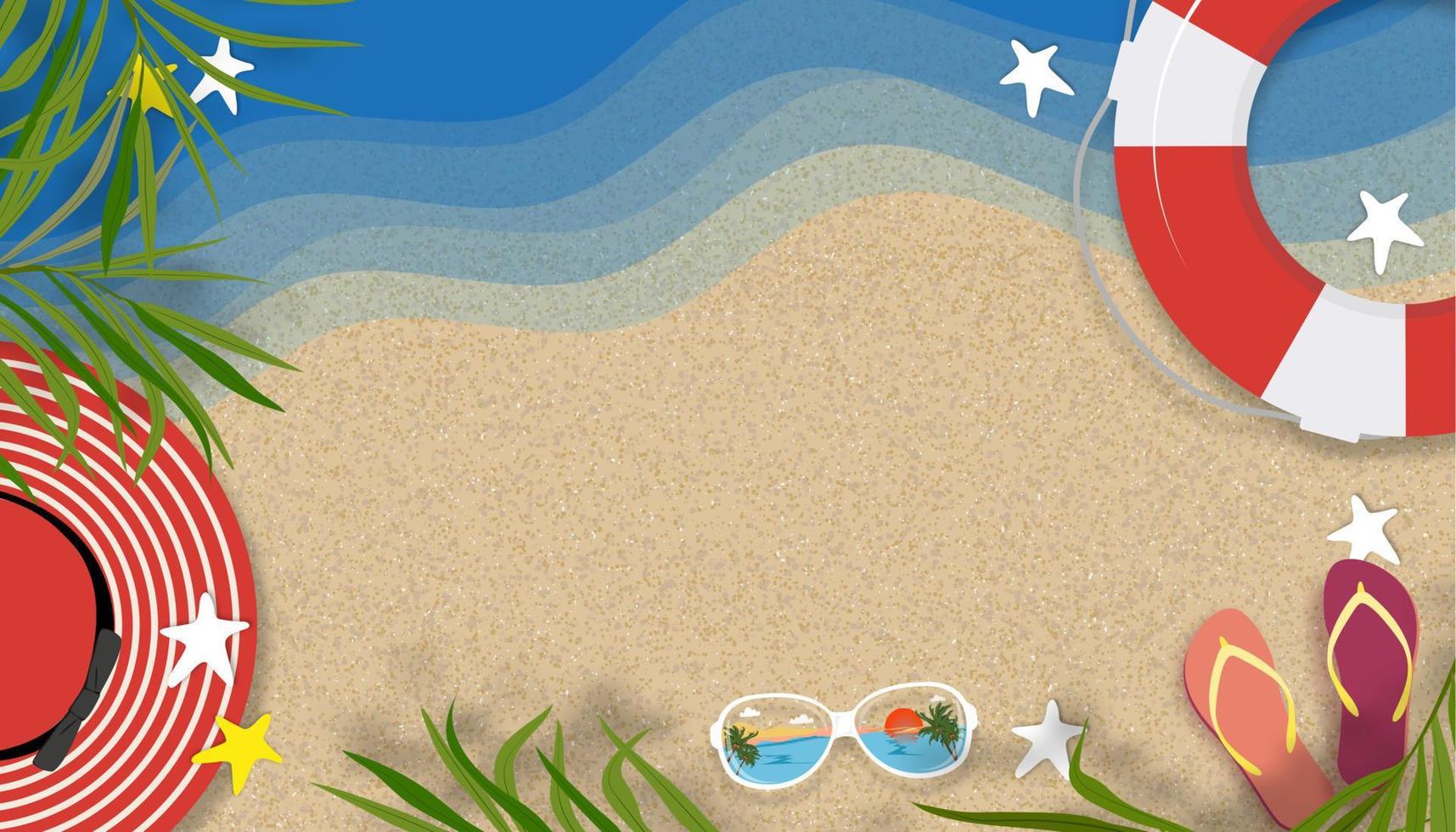 fondo de verano con tema de vacaciones de vacaciones en la playa con espacio de copia en la playa de arena, banner de horizonte vectorial diseño de verano tropical cortado en papel plano con borde de hojas de palma de coco en la playa vector