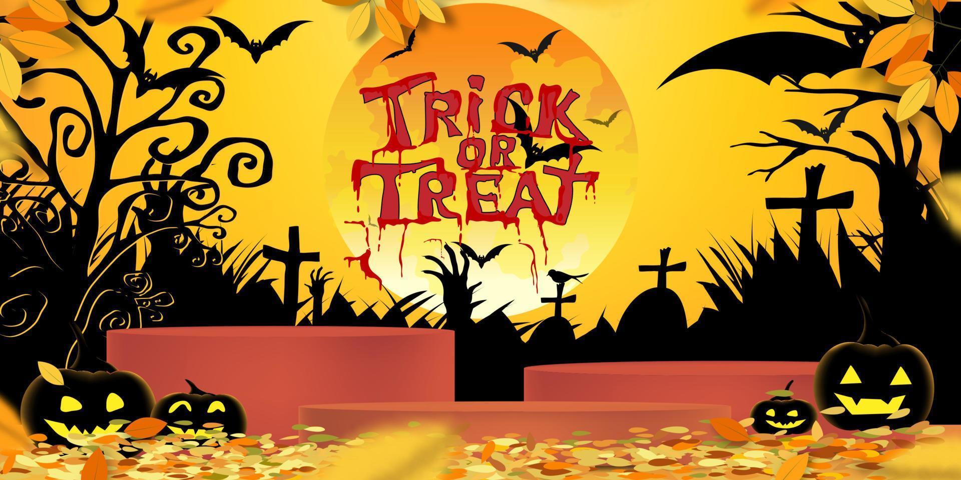 Halloween background in Autumn night,Vector Illustration Studio Room 3D podium, bat, zombie hand on graveyard in scary cemetery and Happy Halloween day with pumpkins face,Trick or Treat on full moon vector