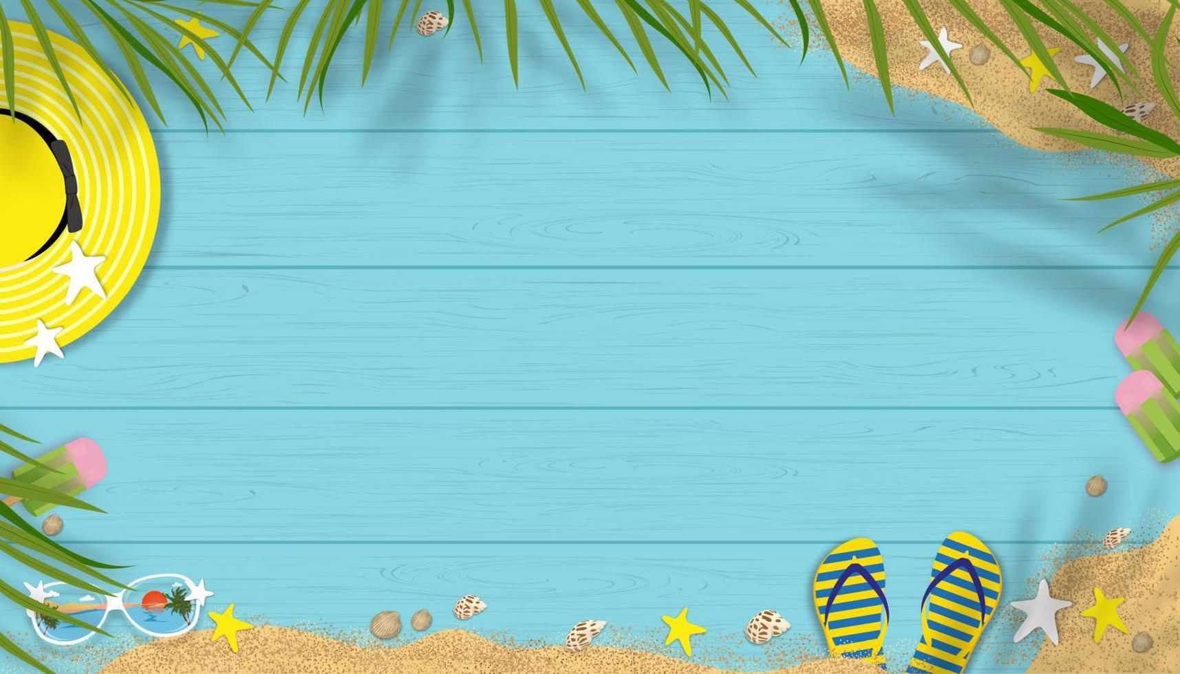 fondo de verano con tema de vacaciones de vacaciones en la playa con espacio de copia en panel de madera azul, banner de horizonte vectorial diseño de verano tropical plano con borde de hojas de palma de coco en textura de tablón de madera vector