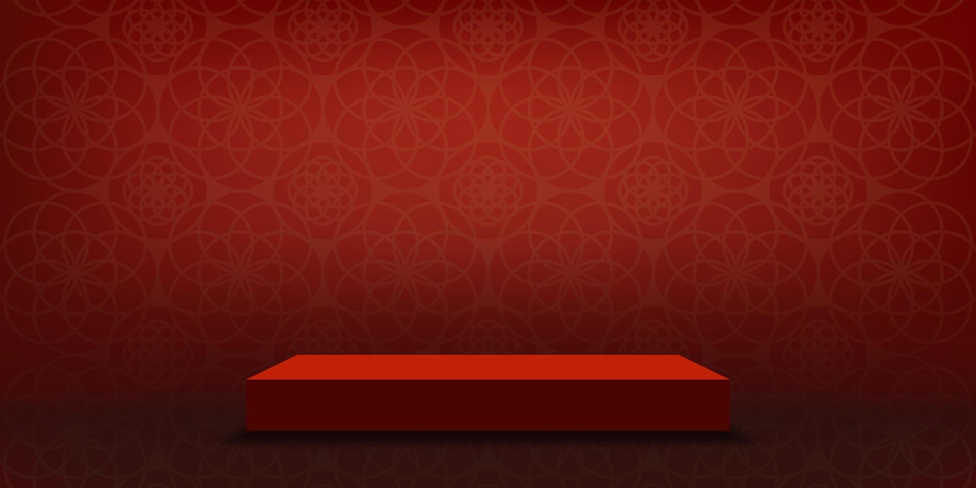 Studio room podium with red lunar wall paper cut background, Vector illustration 3D Empty Gallery room with stand display or shelf,Banner design for products presentation for Chinese New Year 2023