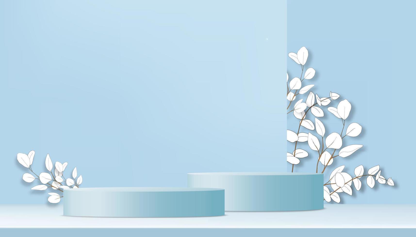 Studio room with 3D cylinder podium, Paper cut Eucalyptus leaves on blue wall background, Vector illustration Backdrop banner for product presentation, promotion, mockup on Spring or Summer sale