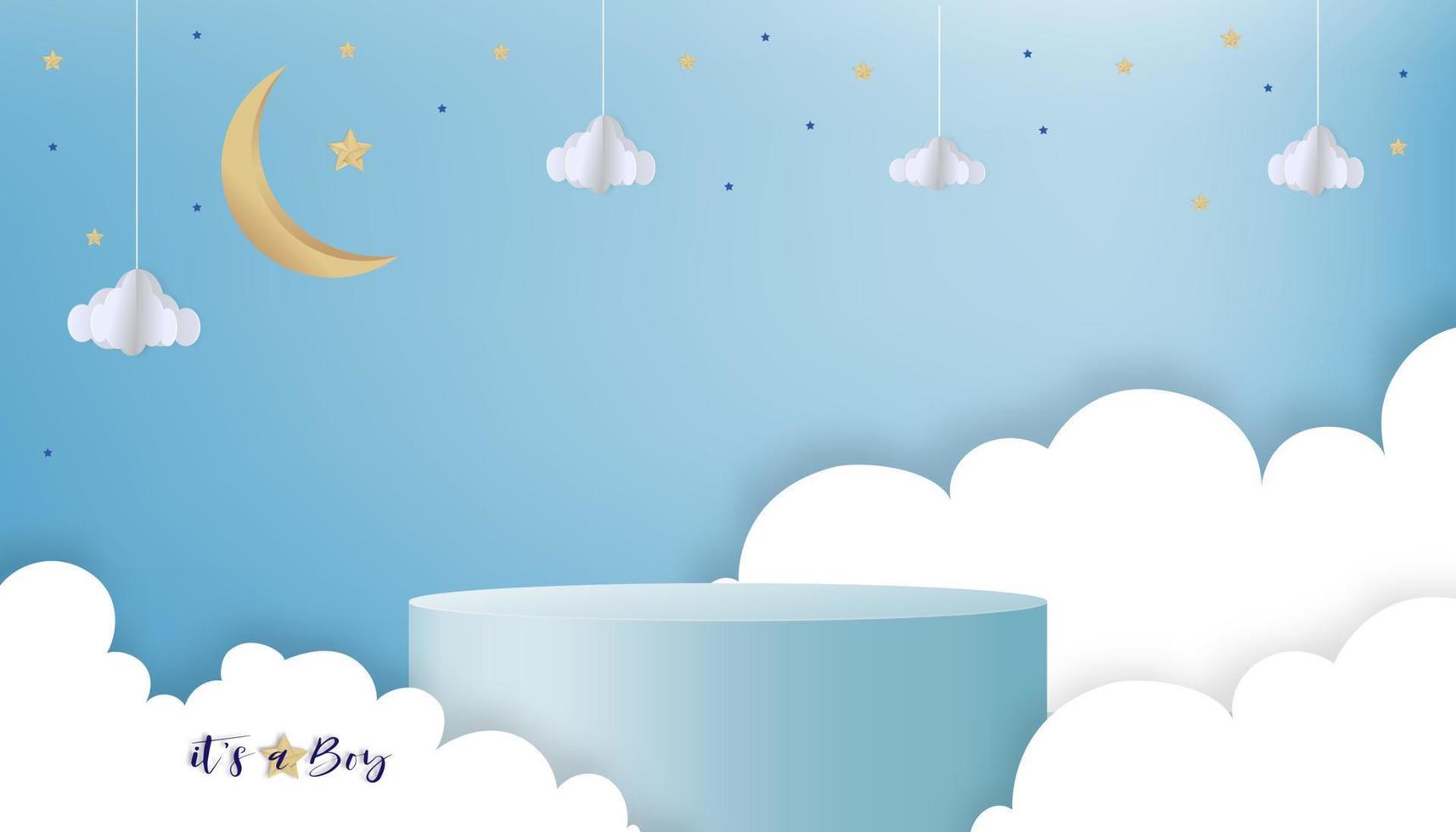 Vector for baby boy shower card on blue background,Cute Paper art abstract origami cloudscape, crescent moon and stars on blue sky and 3D podium,Paper cut with copy space for baby's photos