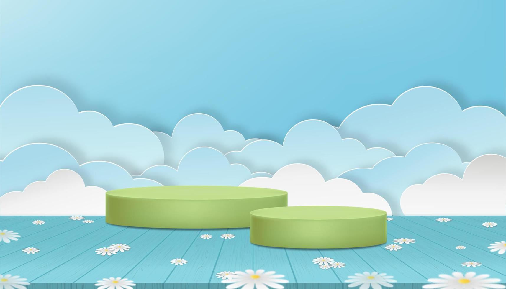 Studio room 3D green cylinder podium with flower on wood floor and Paper cut cloud layer on blue sky background. Vector cartoon interior Backdrop banner Natural scene for Easter,Spring, Summer sale