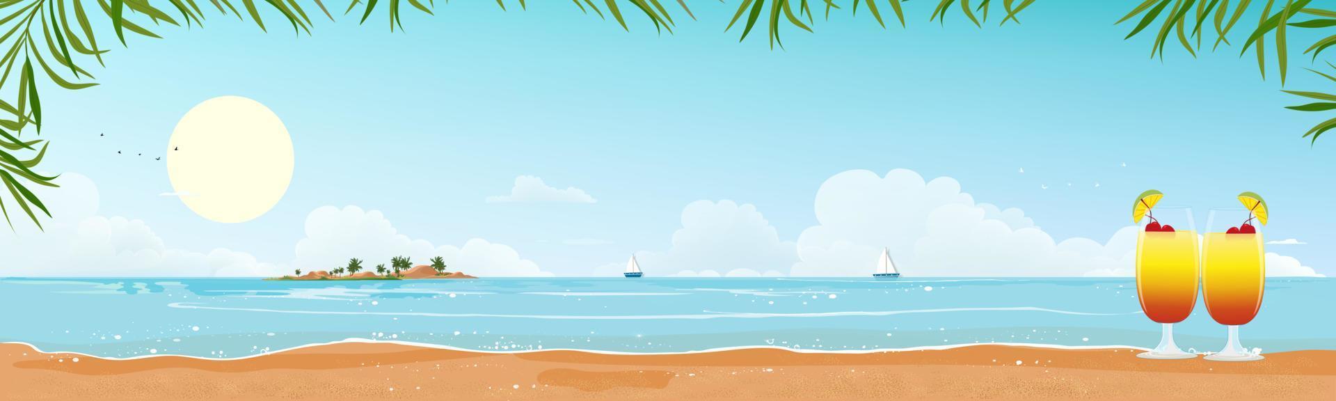 vista panorámica paisaje marino tropical de océano azul y palmera de coco en la isla, playa panorámica y arena con cielo azul, ilustración vectorial naturaleza de estilo plano de paisaje costero para vacaciones de verano vector