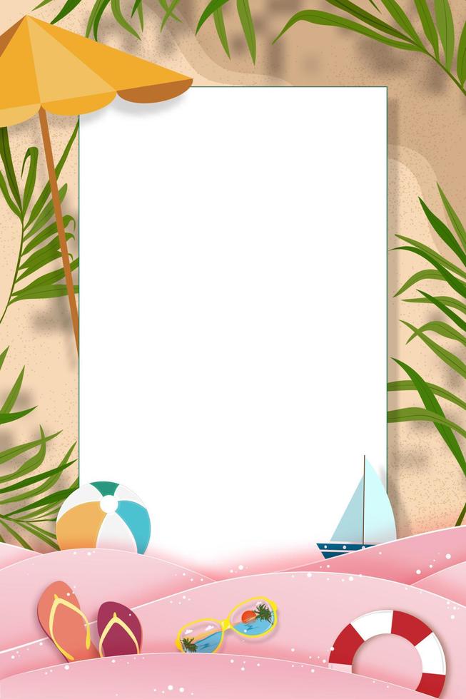 fondo de verano con tema de vacaciones de vacaciones en la playa en capa de onda rosa y espacio de copia, corte de papel plano vectorial de diseño de verano tropical, hoja de palma y nube en el fondo de la playa de arena vector