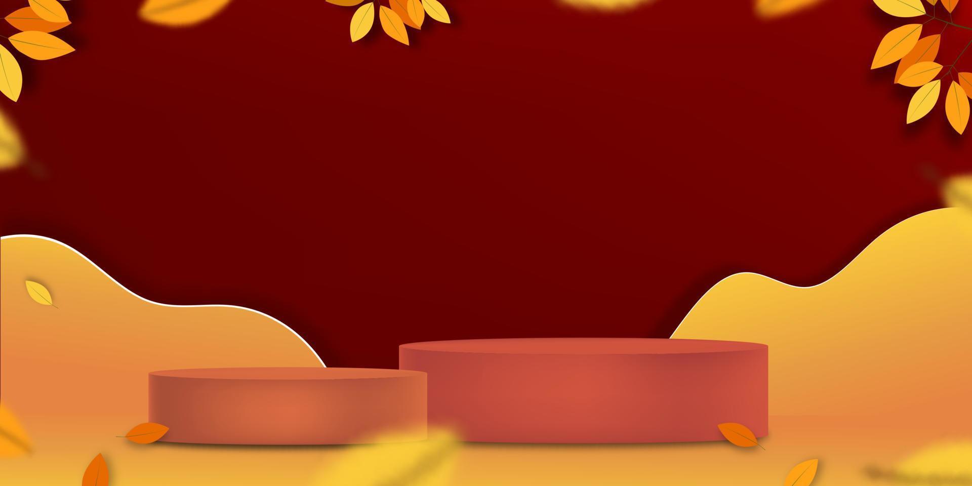 fondo de otoño con soporte de cilindro de exhibición de podio en la sala de estudio con hojas de arce en la pared roja, escaparate vectorial 3d con hojas en la presentación del producto del marco para la venta de la temporada de otoño vector