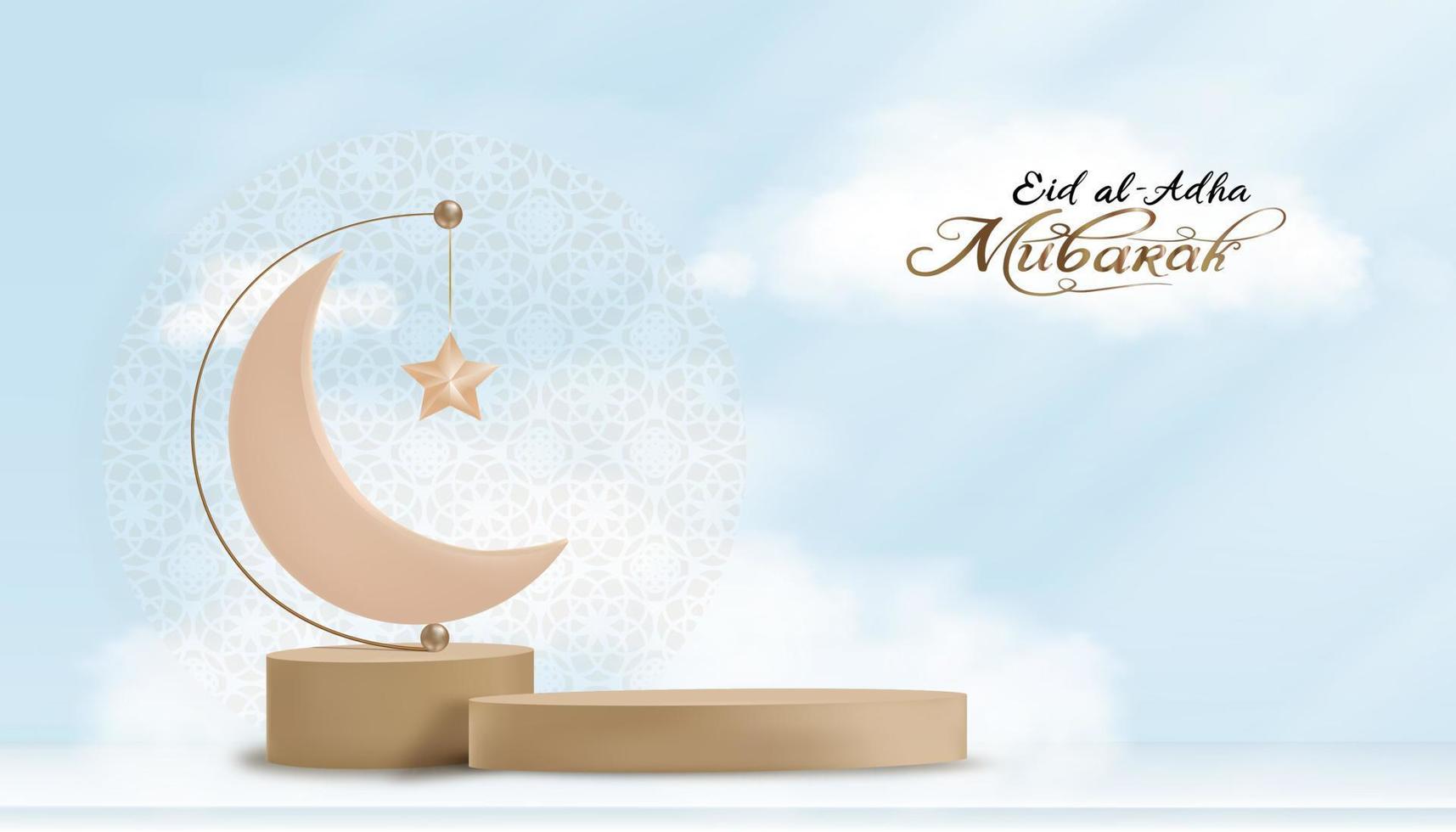 diseño de saludo de eid al adha mubarak con luna creciente y estrella colgando en el podio 3d sobre fondo de cemento gris. telón de fondo vectorial de la religión musulmana simbólica para eid al fitr, ramadan kareem vector