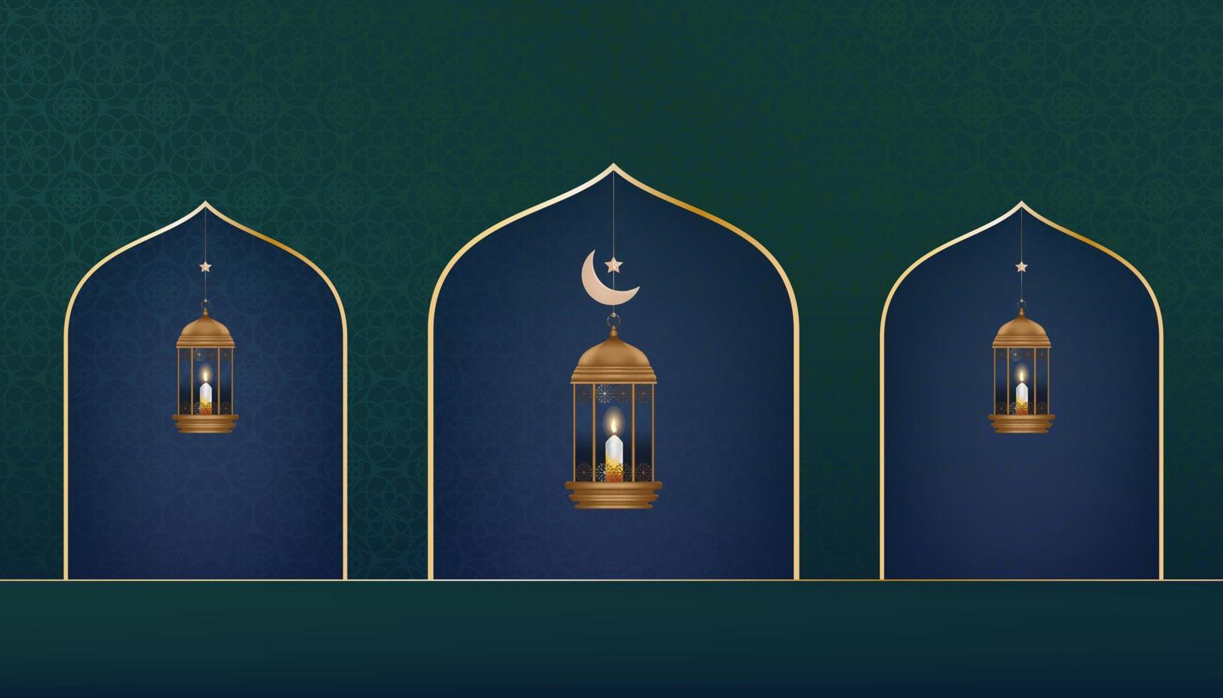 Islamic background with Traditional lantern with Crescent moon,Star hanging on green background, Vector Backdrop of Religion of Muslim Symbolic,Eid ul fitr, Ramadan Kareem,Eid al Adha,Eid Mubarak